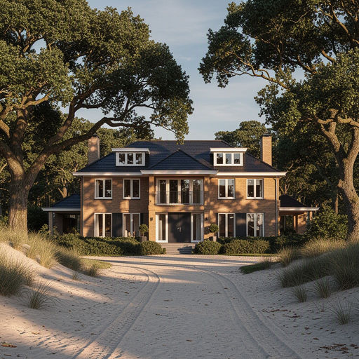 Grote vrijstaande villa in het duingebied van Wassenaar met witte kunststof kozijnen omringd door eiken