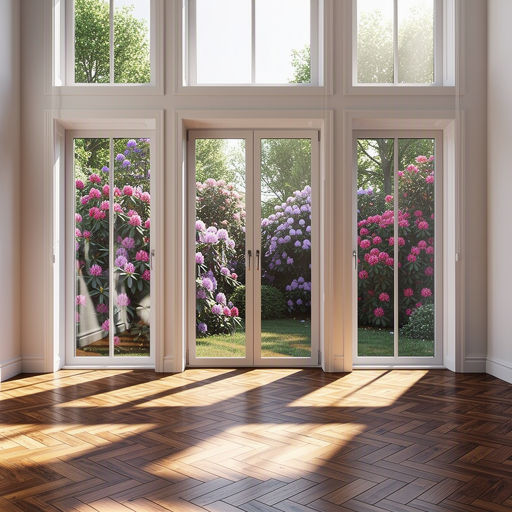 Hoge witte kunststof ramen in een kamer met hoog plafond en uitzicht op een tuin met rododendrons in Wassenaar