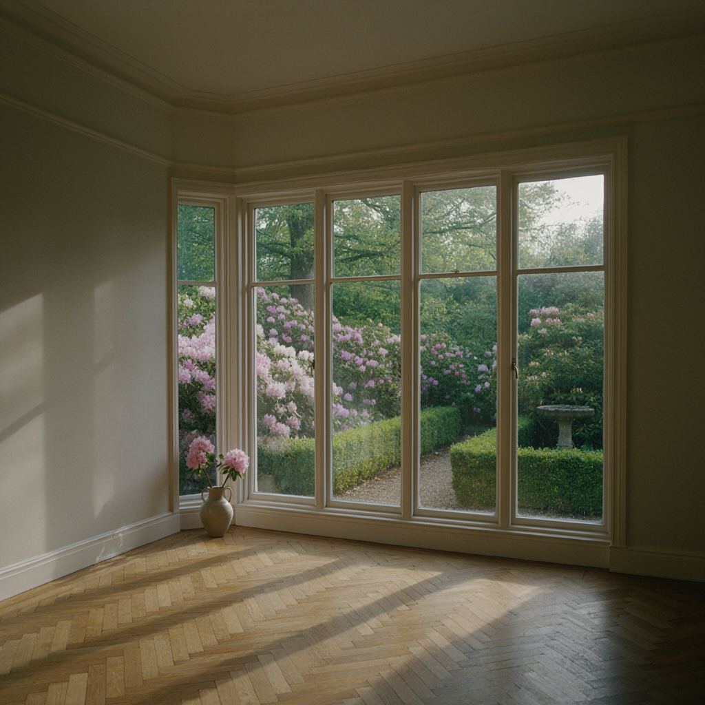 Hoge witte kunststof ramen in een woonkamer met veel daglicht en uitzicht op het groen van Oegstgeest