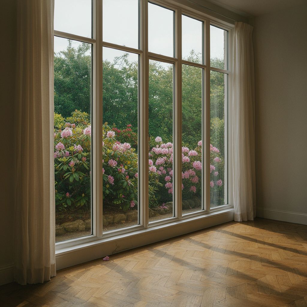 Hoge lichte raampartij van kunststof in een lichte woonkamer met doorkijk naar zee in Katwijk