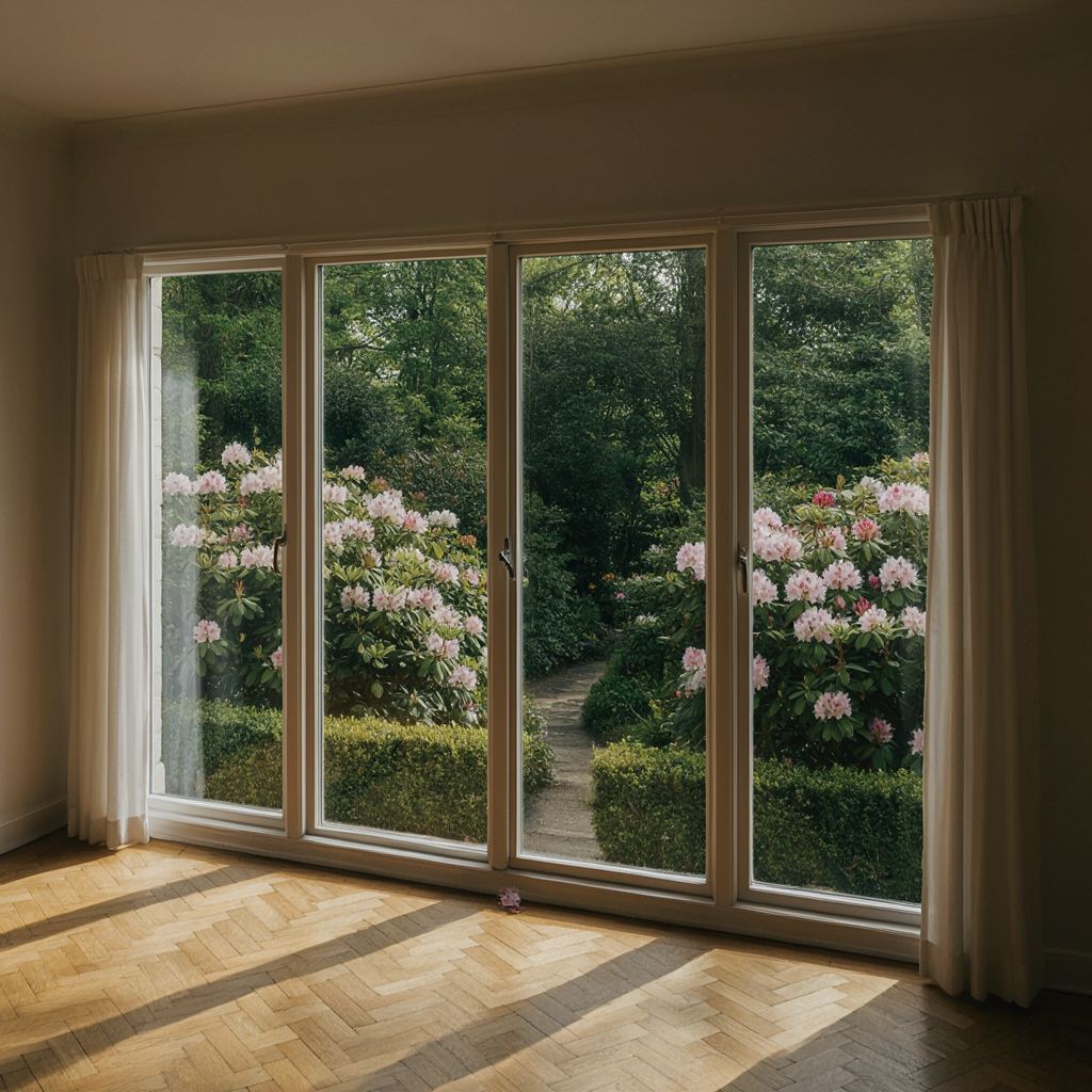 Hoge witte kunststof ramen in een kamer met hoog plafond en uitzicht op een tuin met bloeiende hortensia's in Noordwijk
