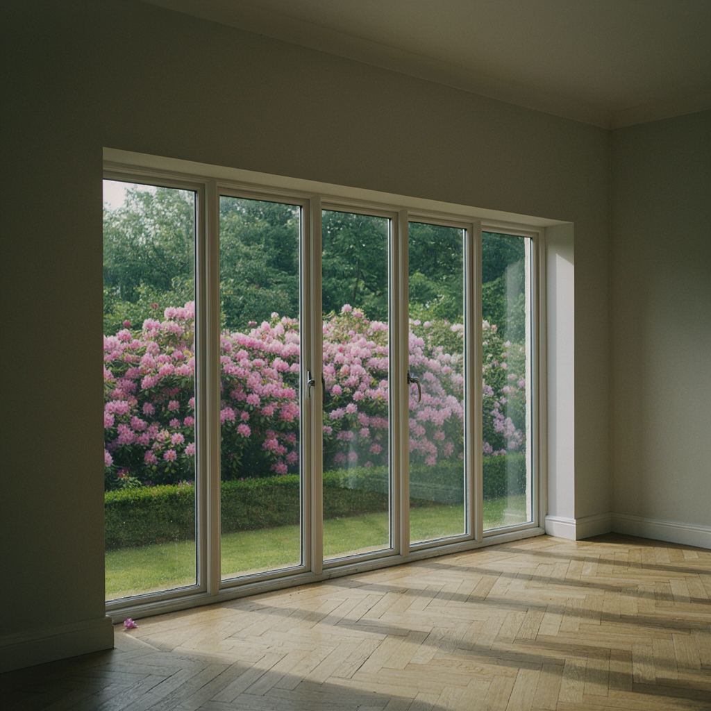 Hoge witte kunststof ramen in een kamer met hoog plafond en uitzicht op een tuin met rododendrons in Wassenaar