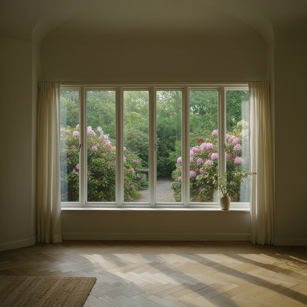 Hoge witte kunststof ramen in een lichte woonkamer met uitzicht op een klassieke tuin met oude eiken in Voorschoten