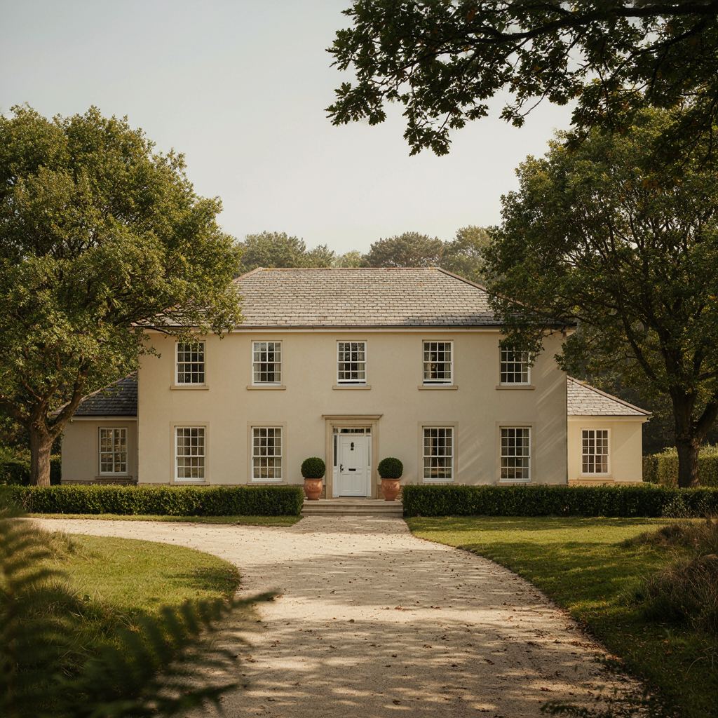 Grote vrijstaande villa in het duingebied van Wassenaar met witte kunststof kozijnen omringd door eiken