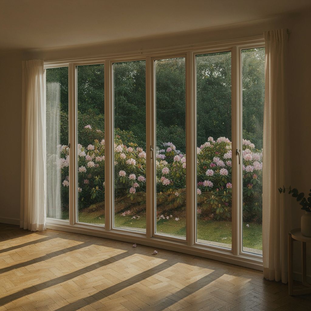 Licht interieur met hoge witte kunststof ramen en uitzicht op een zonnige tuin in Pijnacker