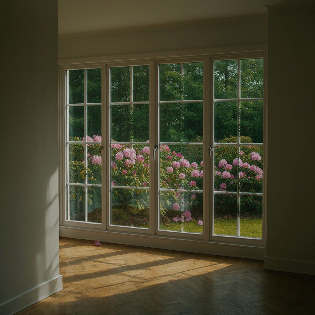 Licht interieur met hoge witte kunststof vensters die uitkijken op de achtertuin in Voorburg