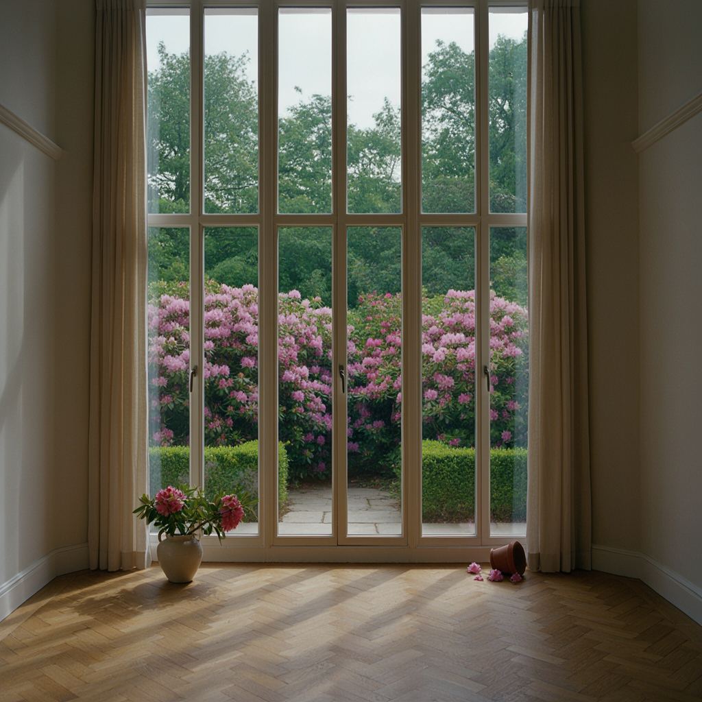 Licht interieur met hoge witte kunststof ramen en zicht op de groene tuin in Monster