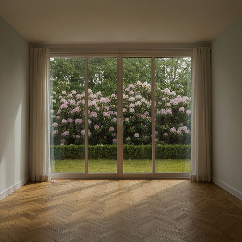 Licht interieur met hoge kunststof tuindeuren die uitkijken op een groene tuin in Leiderdorp