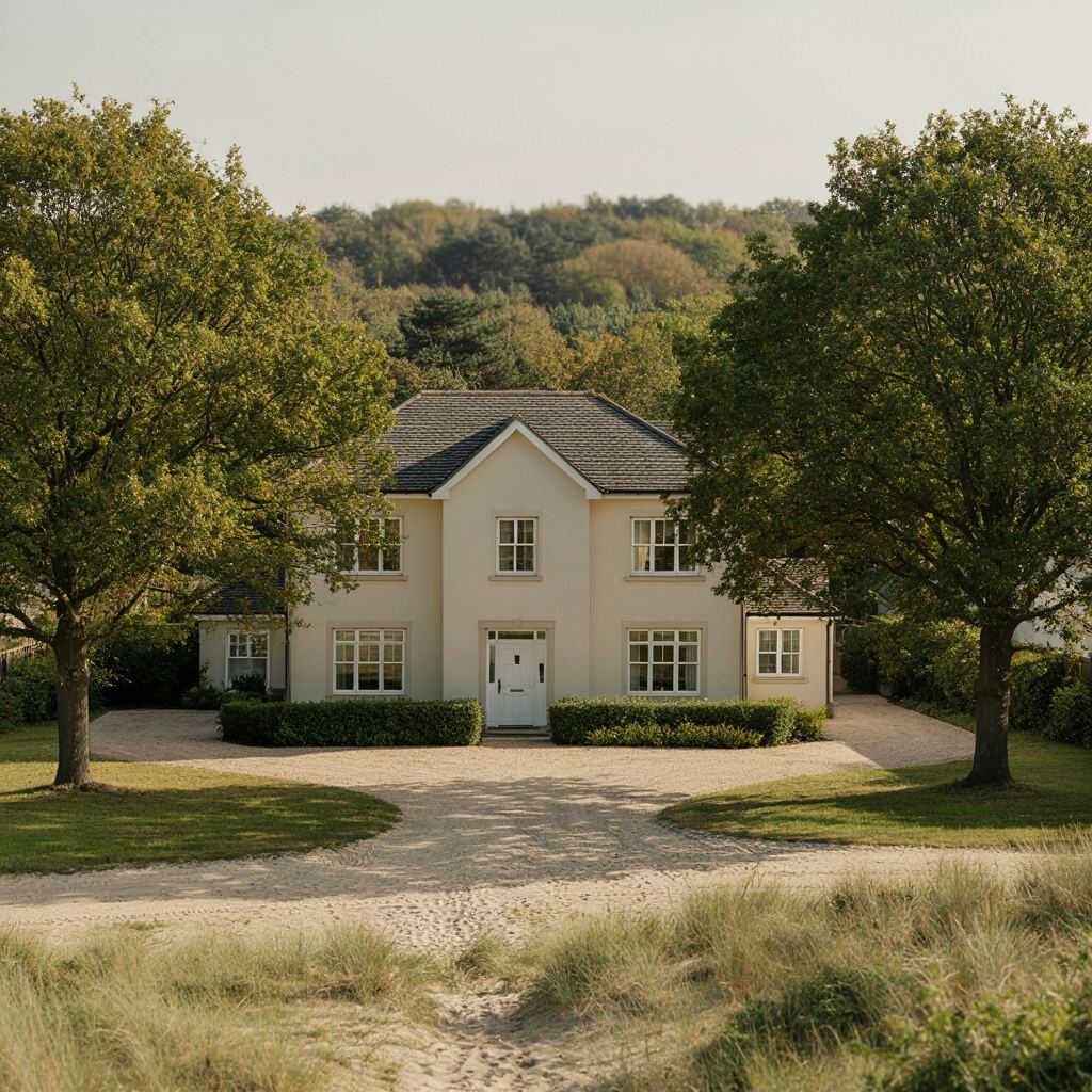 Grote vrijstaande villa in het duingebied van Wassenaar met witte kunststof kozijnen omringd door eiken