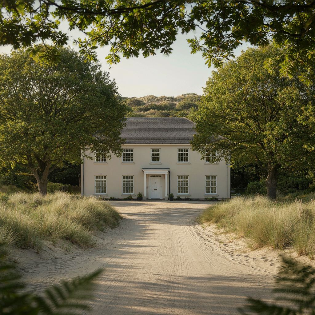 Grote vrijstaande villa in het groene Oegstgeest met strakke witte kunststof kozijnen omringd door oude beuken