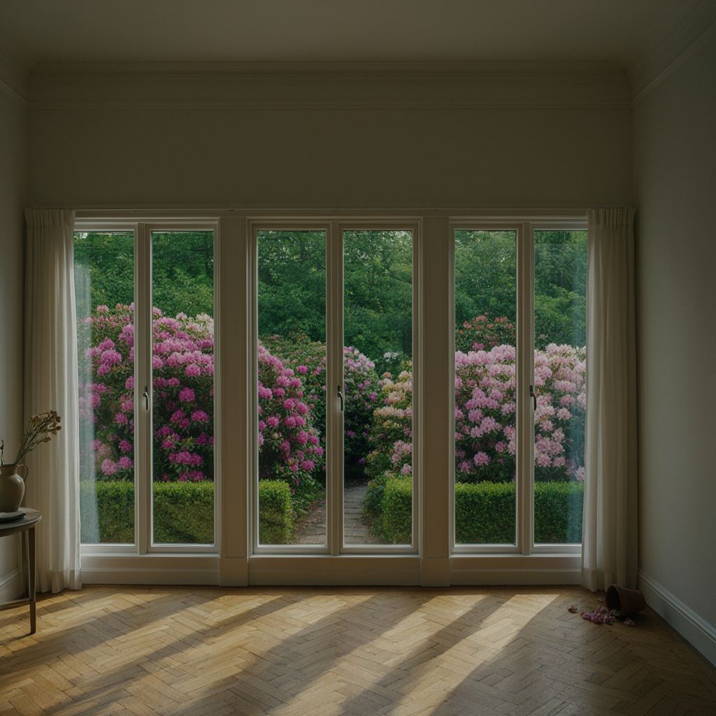 Hoge witte kunststof ramen in een kamer met hoog plafond en uitzicht op een tuin met rododendrons in Wassenaar