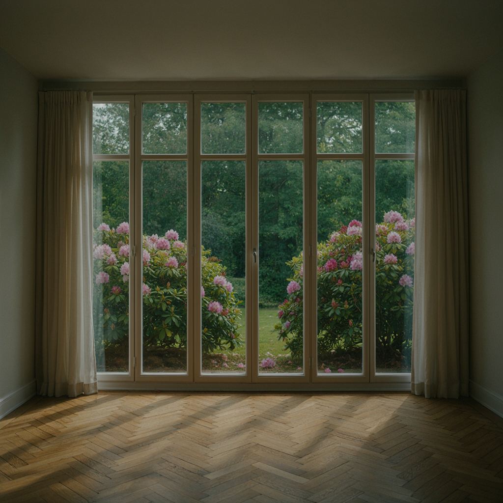 Ruime woonkamer met grote witte kunststof tuindeuren die uitkijken op een Rijnsburgse bloementuin