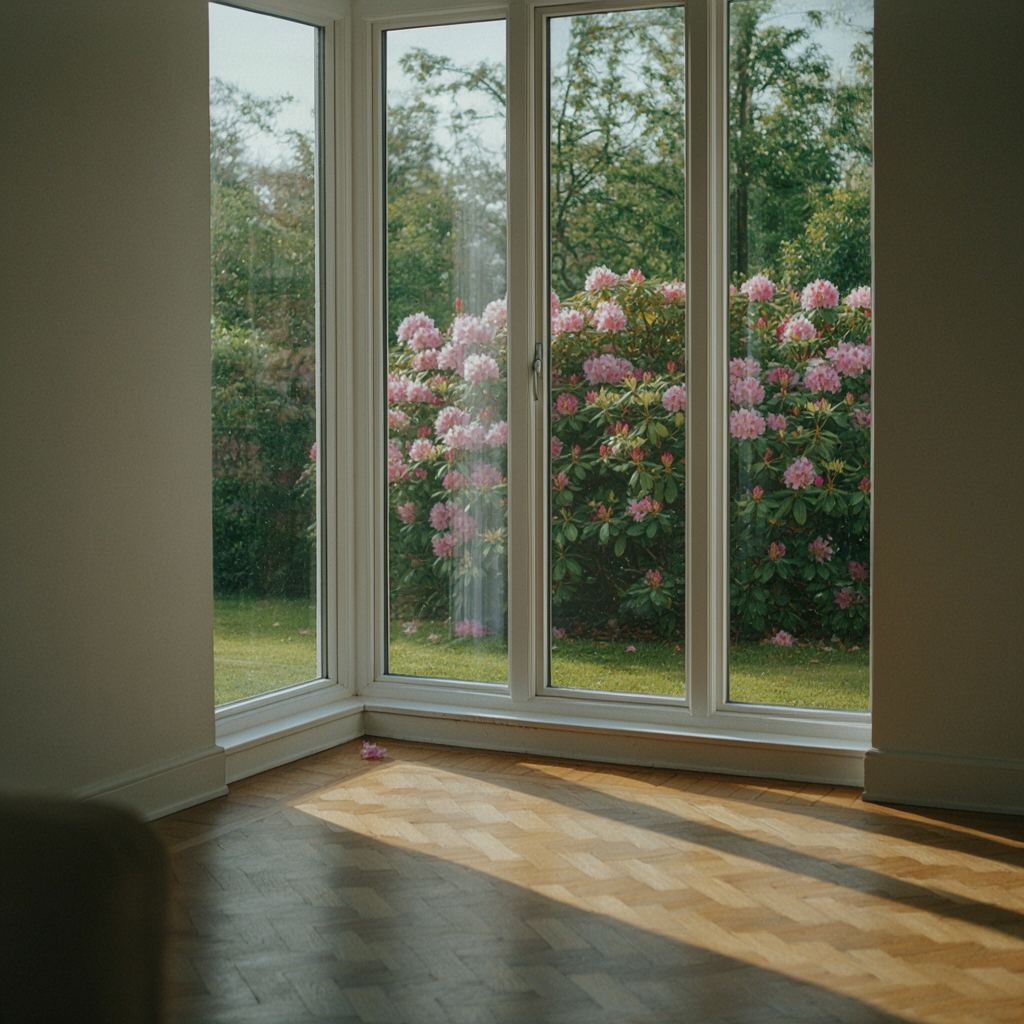 Licht interieur in Leiden met hoge witte kunststof kozijnen die uitkijken op een tuin met bloeiende hortensia's