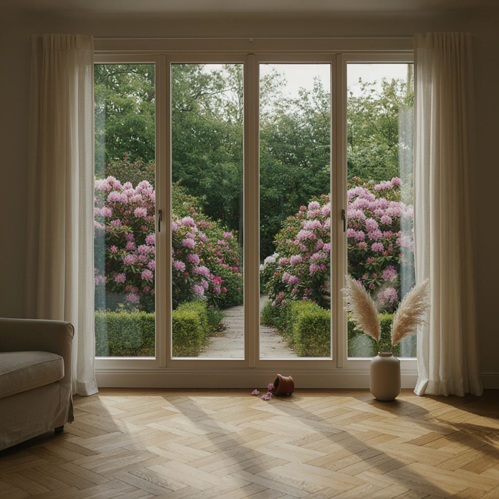 Hoge witte kunststof ramen in een kamer met hoog plafond en uitzicht op een tuin met rododendrons in Wassenaar
