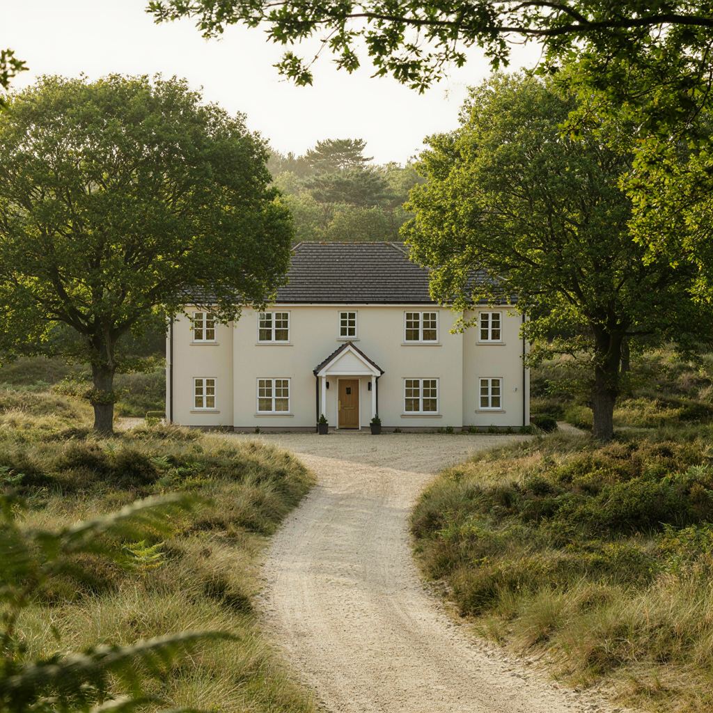 Grote vrijstaande villa in het duingebied van Wassenaar met witte kunststof kozijnen omringd door eiken
