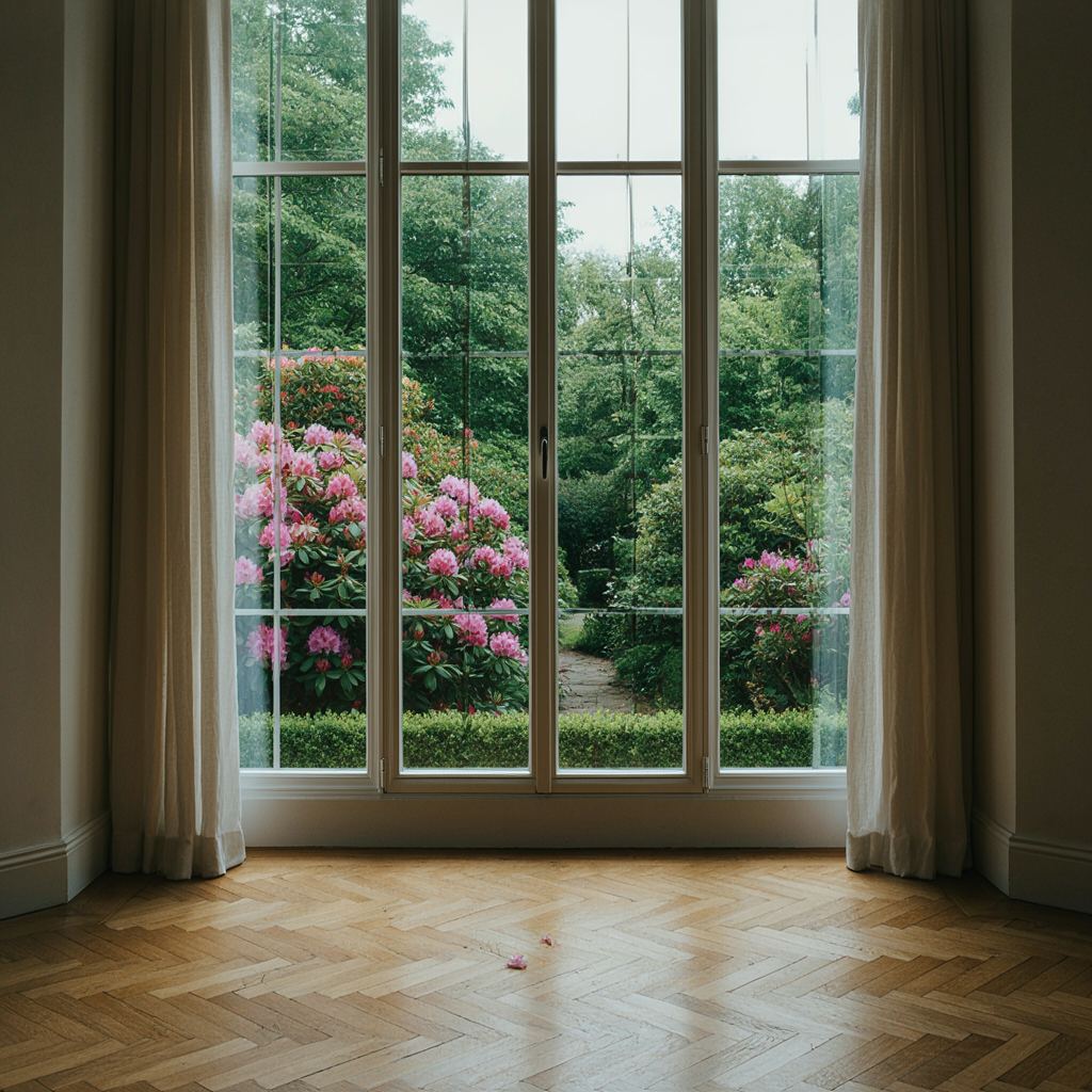 Hoge witte kunststof ramen in een kamer met hoog plafond en uitzicht op een tuin met rododendrons in Wassenaar