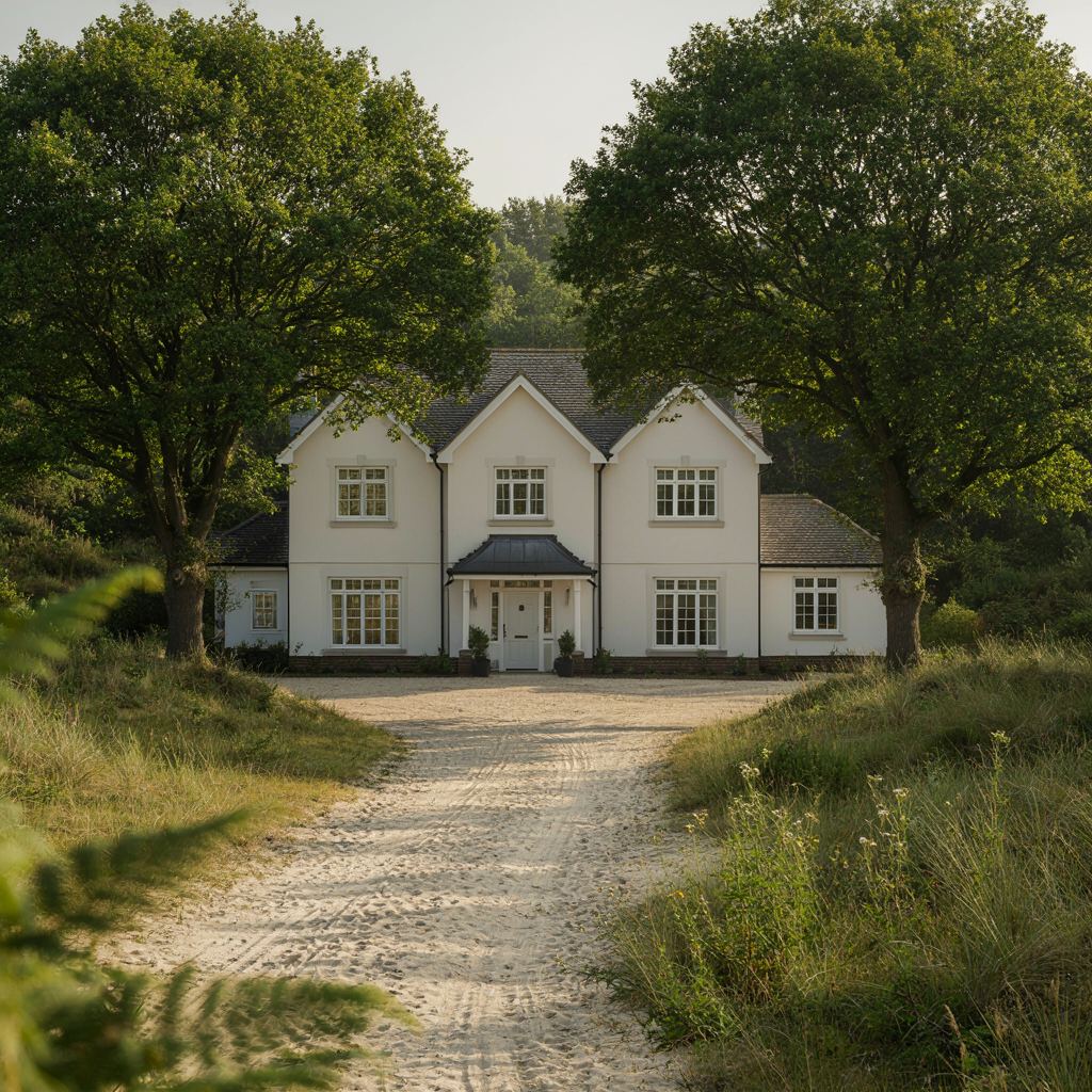 Grote vrijstaande villa in het duingebied van Wassenaar met witte kunststof kozijnen omringd door eiken