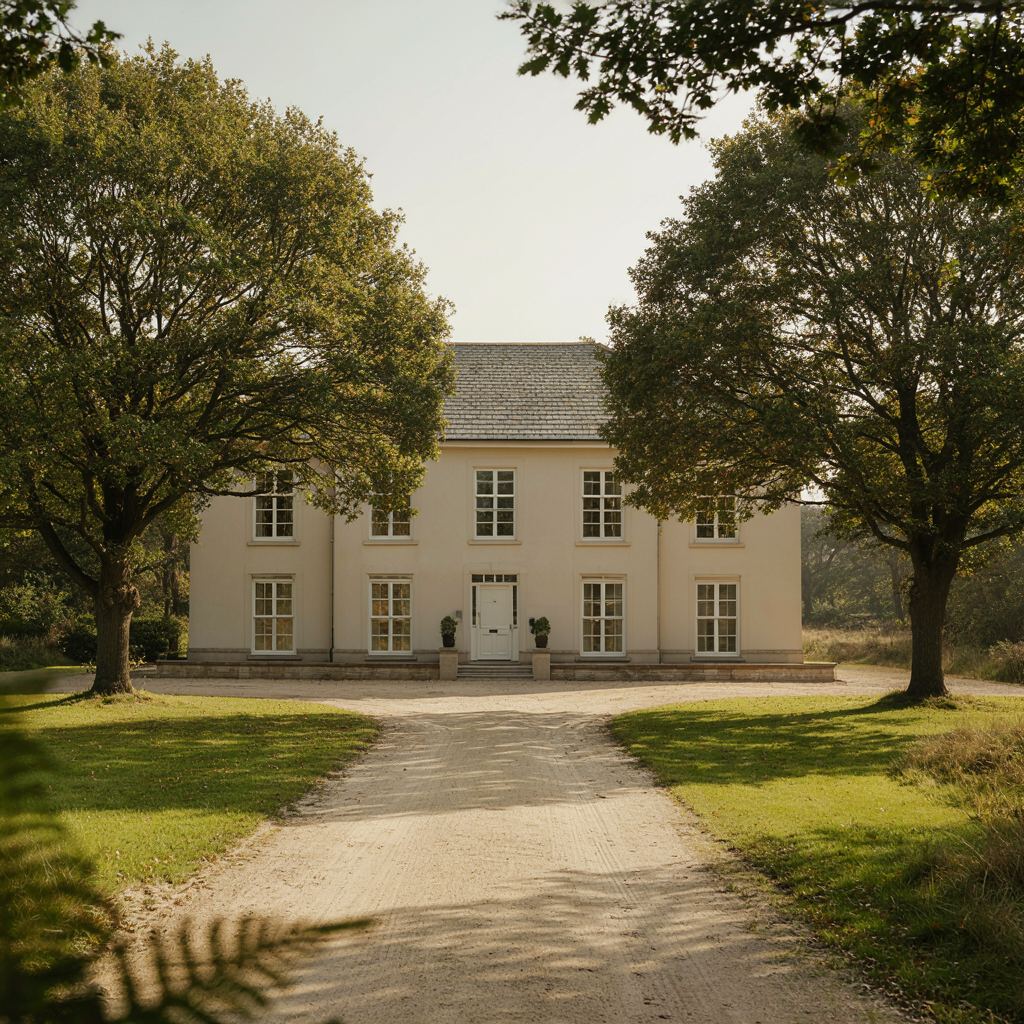 Vrijstaande woning in het Scheveningse duingebied met strakke witte kunststof kozijnen en eikenbomen op de achtergrond
